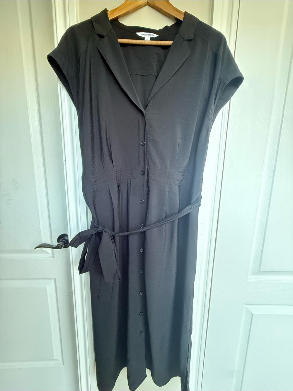 Black Button-Down Midi Shirt Dress with Tie Waist